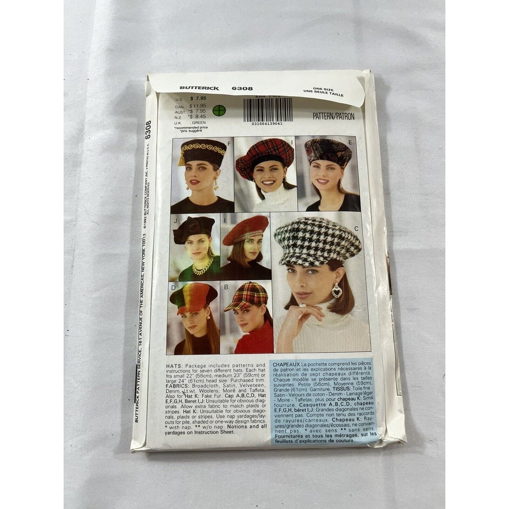 1992 Butterick 6308 Sewing Pattern Hat Chapeaux Sensass Uncut #199 - Picture 2 of 2